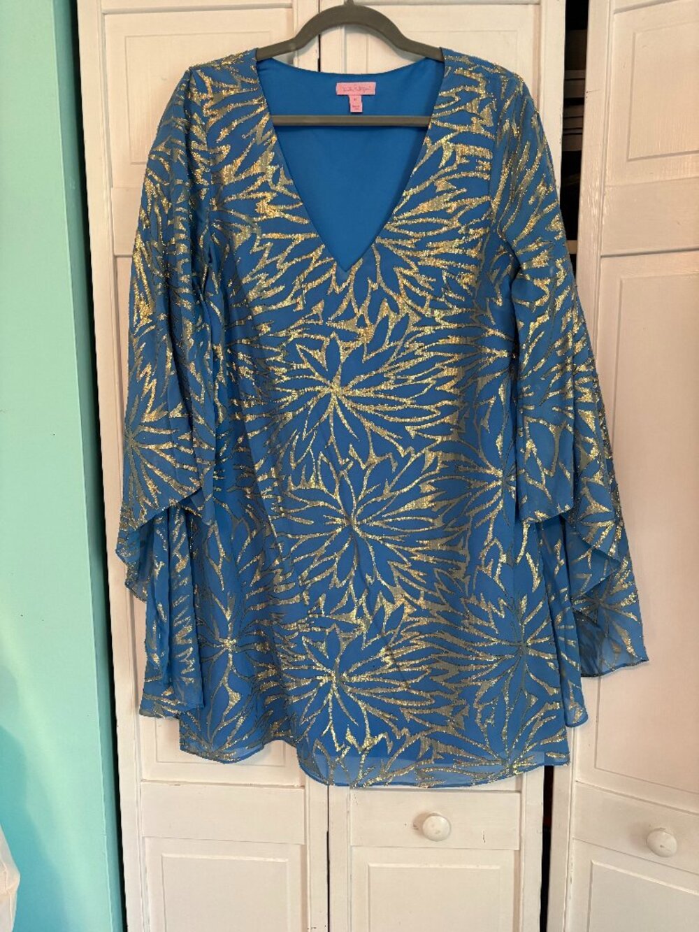 Lilly Pulitzer Blue Gold Metallic Silk Cape Caftan Size 12